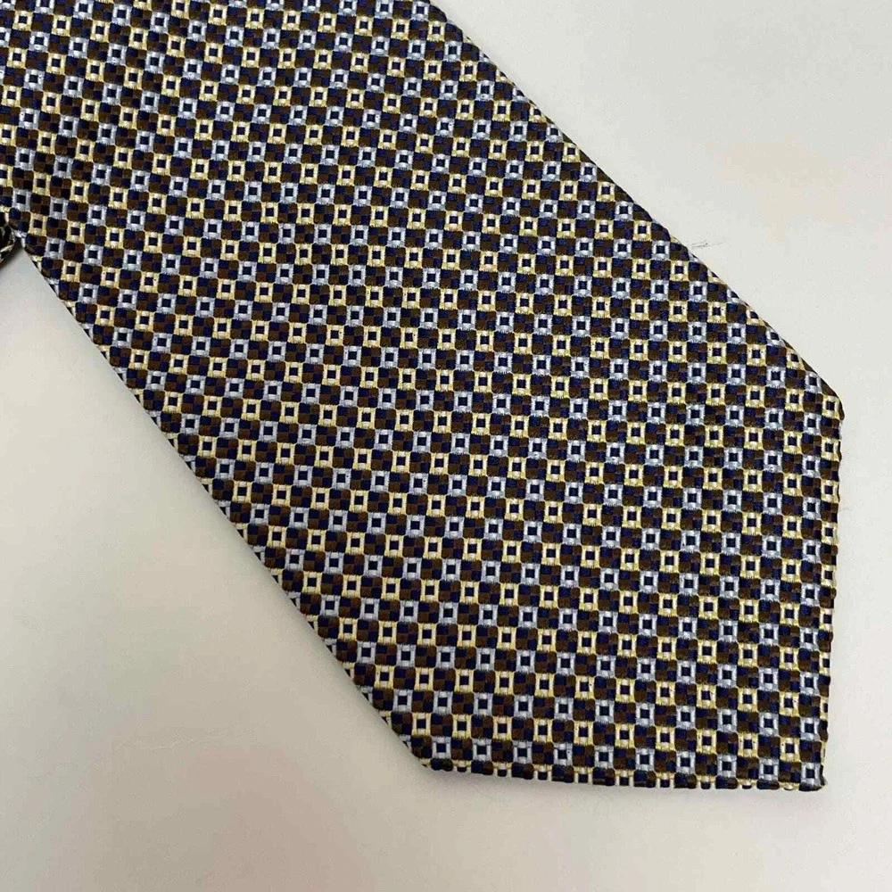 Charles Hill English Silk Neck Tie‎ England Check Brown Blue Gold